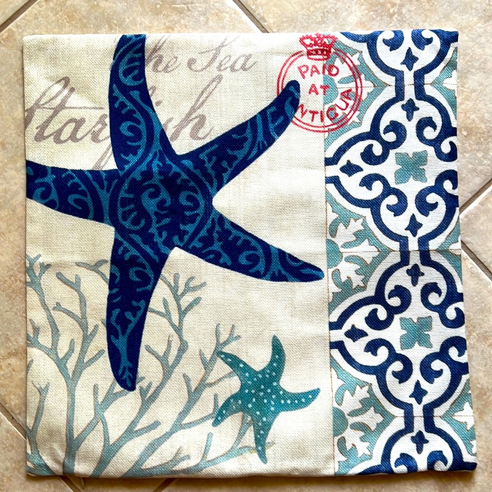 NAUTICAL BEACH OCEAN THEME SEA LIFE STAR FISH SQUARE PILLOW COVER 17.5 x 17.5”